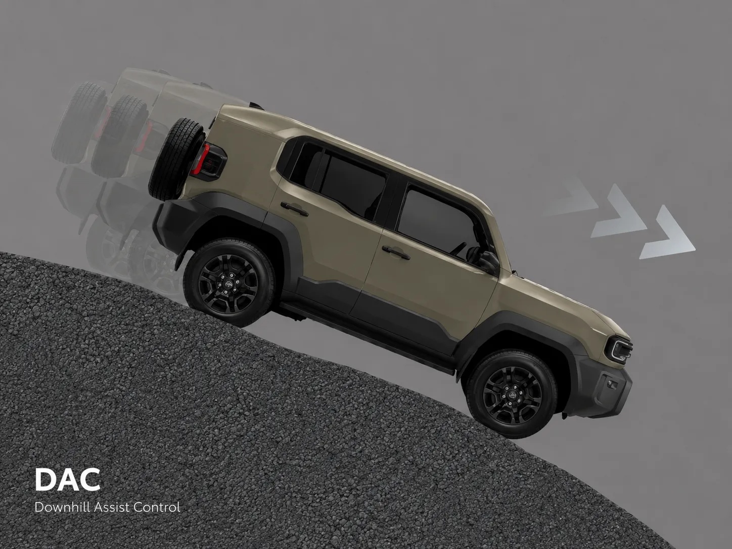 Hệ thống hỗ trợ đổ đèo (DAC) trên Toyota Land Cruiser FJ tự động kiểm soát lực phanh, giữ tốc độ ổn định khi xe đi xuống những đoạn đốc đứng.