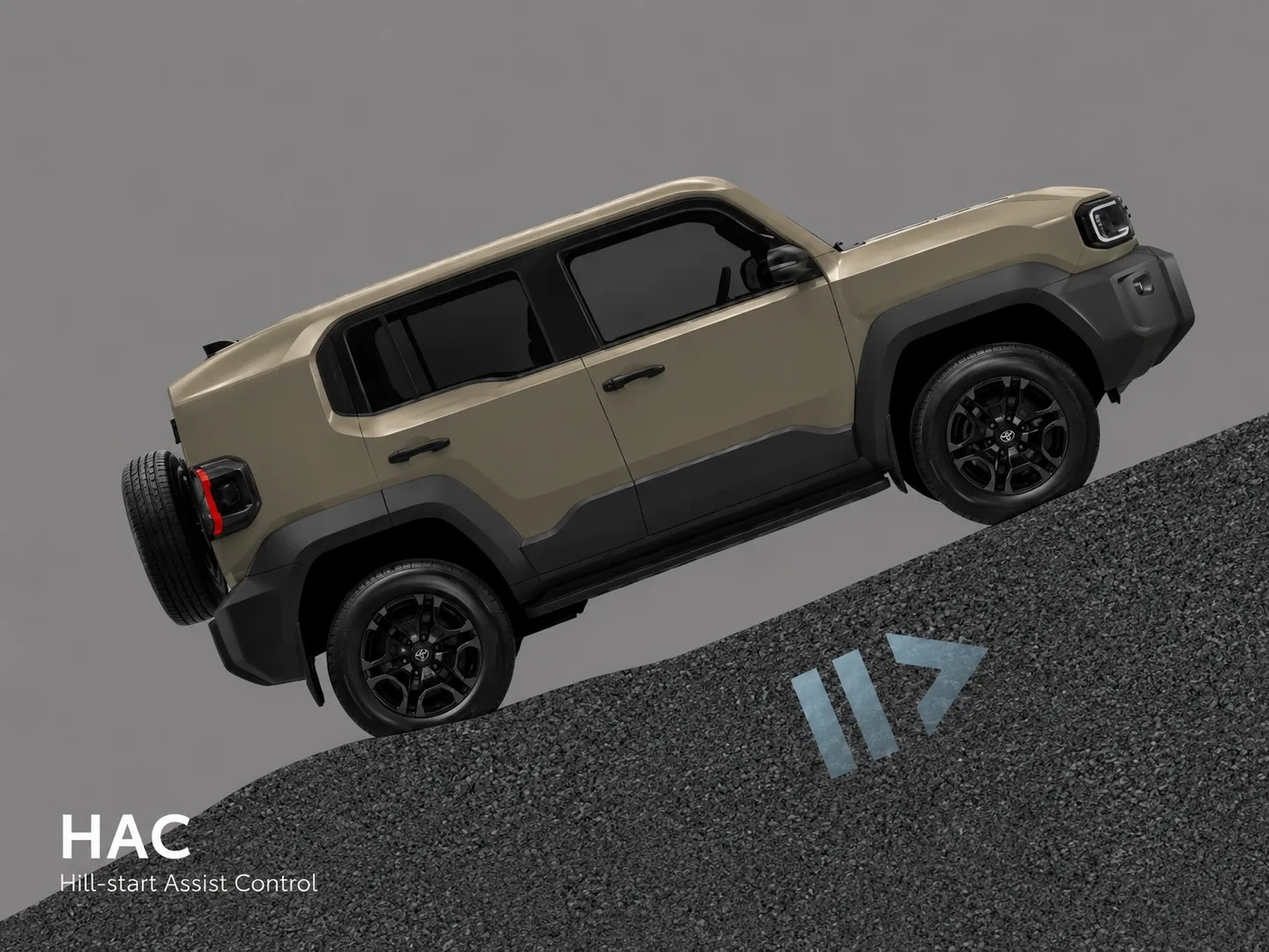 Hệ thống hỗ trợ khởi hành ngang dốc HAC trên Toyota Land Cruiser FJ giúp xe không bị tụt dốc khi chuyển từ chân phanh sang chân ga.